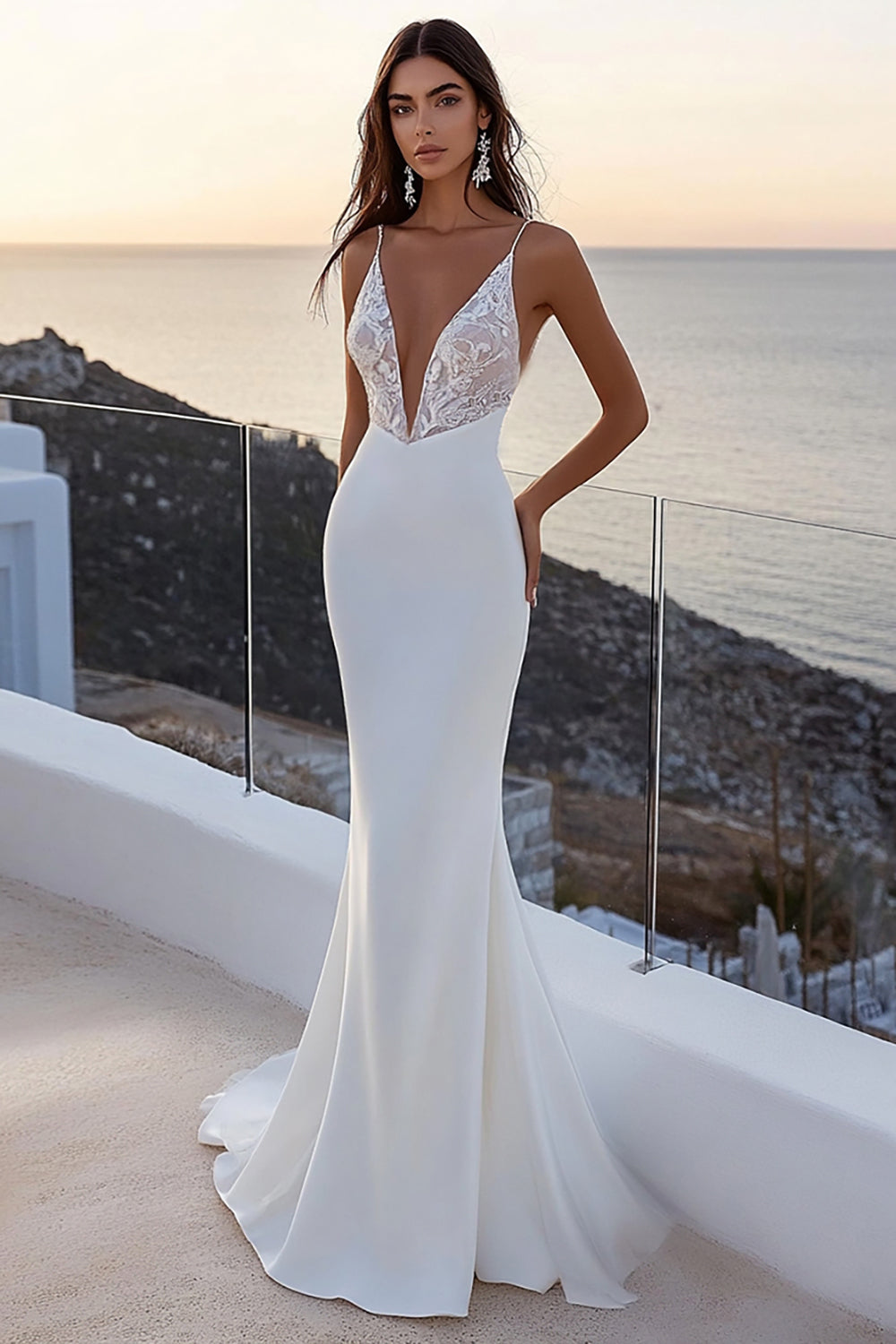 Ivory Chiffon Sweep Train Mermaid V Neck Boho Wedding Dress with Lace