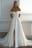 Ivory Off The Shoulder A Line Satin Sweep Train Boho Wedding Dress With Slit