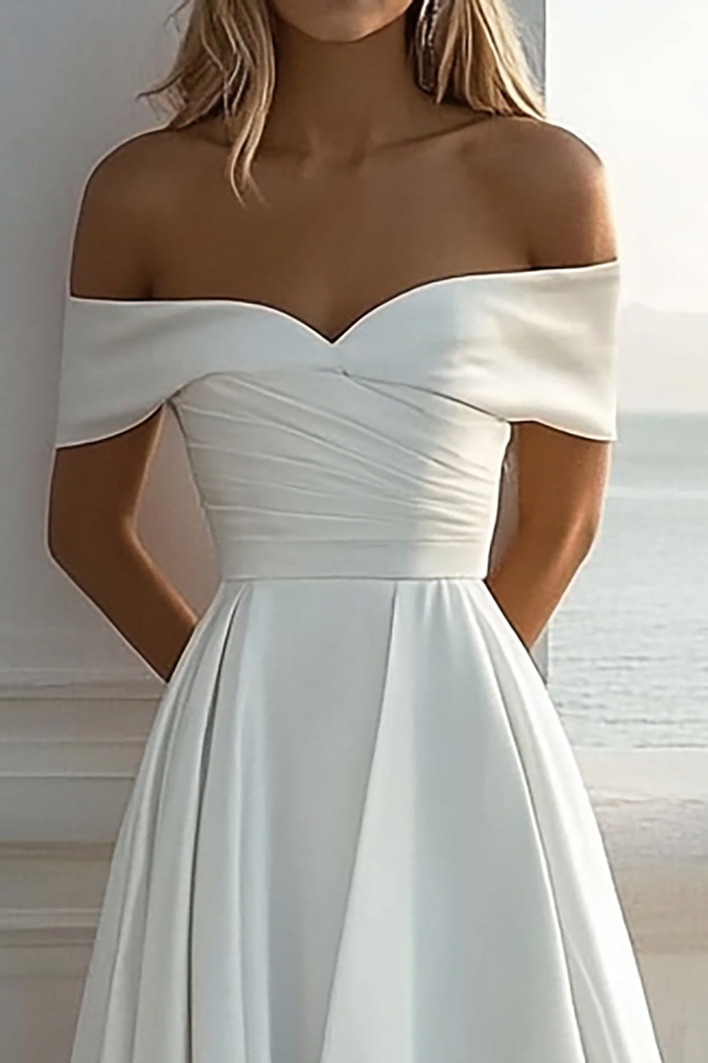 Ivory Off The Shoulder A Line Satin Sweep Train Boho Wedding Dress With Slit