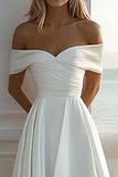 Ivory Off The Shoulder A Line Satin Sweep Train Boho Wedding Dress With Slit