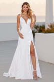 Ivory Crepe Spaghetti Straps A Line Sweep Train Boho Wedding Dress With Slit