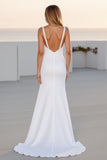 Ivory Crepe Spaghetti Straps A Line Sweep Train Boho Wedding Dress With Slit