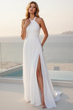 Ivory Halter A Line Stretch Satin Sweep Train Boho Wedding Dress With Slit
