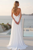 Ivory Halter A Line Stretch Satin Sweep Train Boho Wedding Dress With Slit