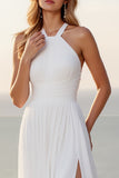 Ivory Halter A Line Stretch Satin Sweep Train Boho Wedding Dress With Slit