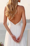 Ivory Halter A Line Stretch Satin Sweep Train Boho Wedding Dress With Slit