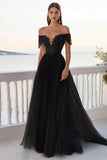 Black Off The Shoulder A Line Tulle Formal Dress with Lace