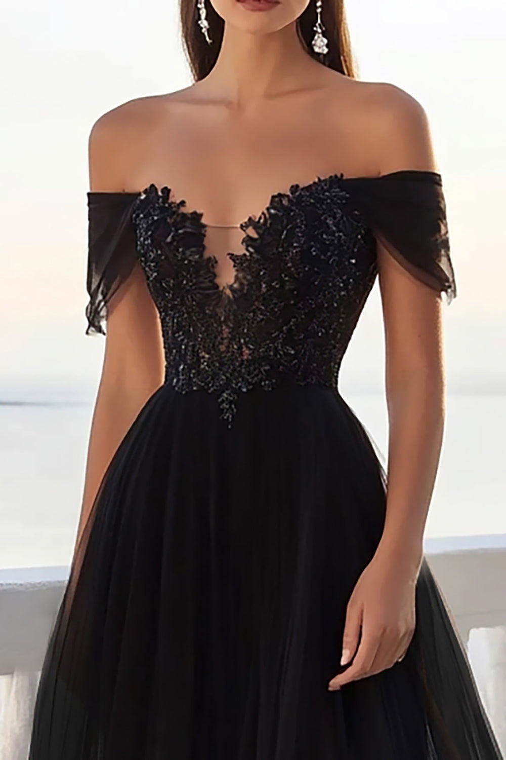 Black Off The Shoulder A Line Tulle Formal Dress with Lace