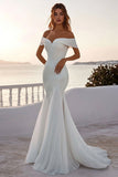 Ivory Off The Shoulder Mermaid Chiffon Sweep Train Boho Wedding Dress With Sequins
