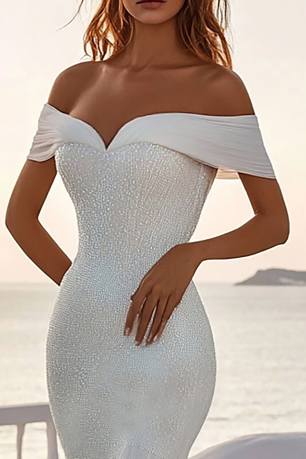 Ivory Off The Shoulder Mermaid Chiffon Sweep Train Boho Wedding Dress With Sequins