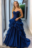 Navy Chiffon Ball Gown Sweetheart Tiered Ruffled Long Prom Dress