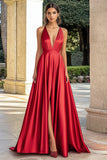 Red Satin A Line V-Neck Plus Long Prom Dress with Slit