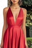 Red Satin A Line V-Neck Plus Long Prom Dress with Slit