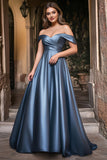 Dusty Blue Satin Off The Shoulder Ball Gown Long Plus Prom Dress