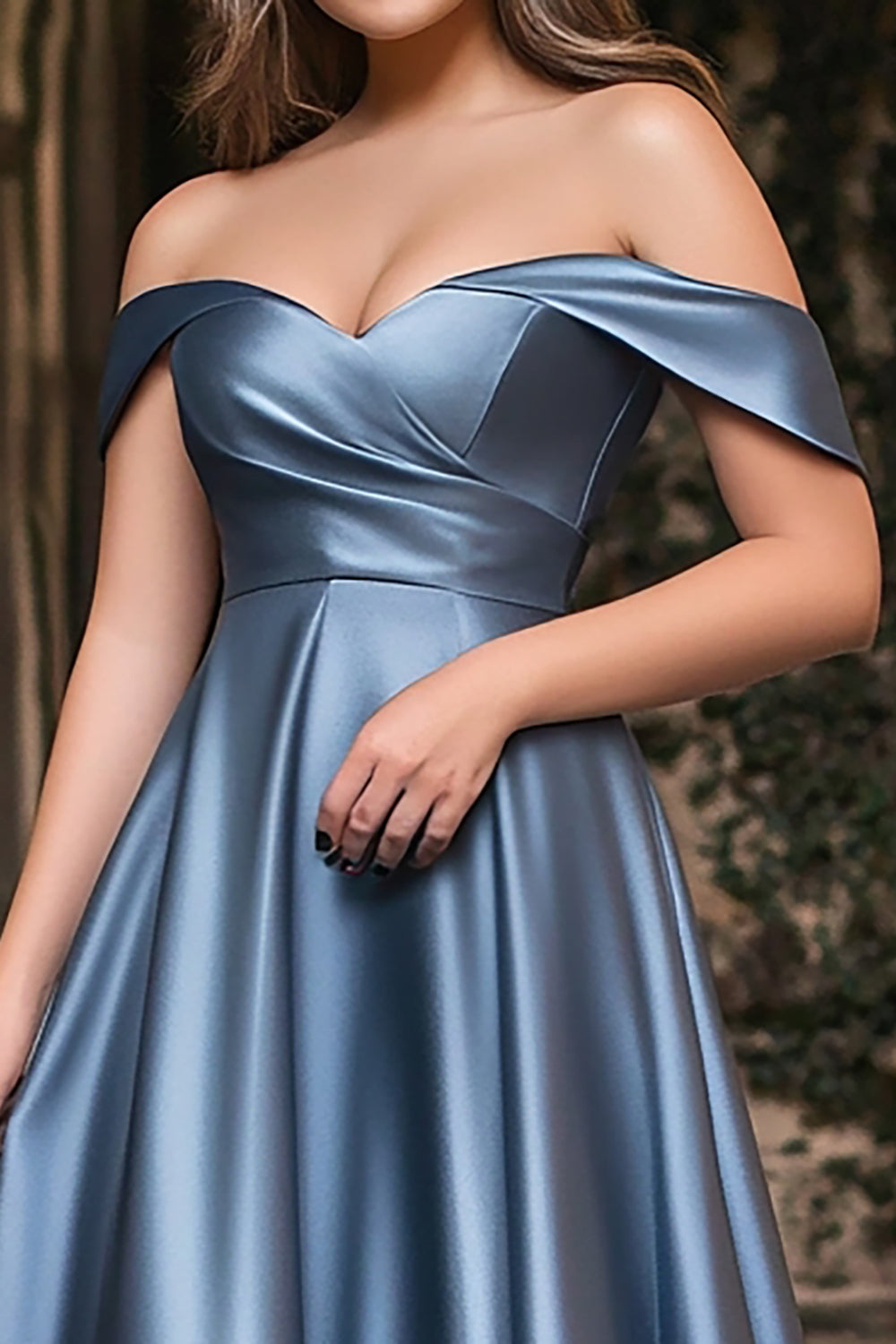 Dusty Blue Satin Off The Shoulder Ball Gown Long Plus Prom Dress