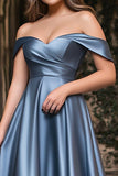 Dusty Blue Satin Off The Shoulder Ball Gown Long Plus Prom Dress