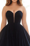 Black Ball Gown Sweetheart Pleated Plus Tulle Long Formal Dress