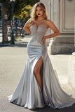 Silver Satin Mermaid Sweetheart Plus Lace Long Formal Dress
