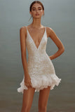 Sparkly White Bodycon V Neck Sequin Ruffled Short Graduation Dress