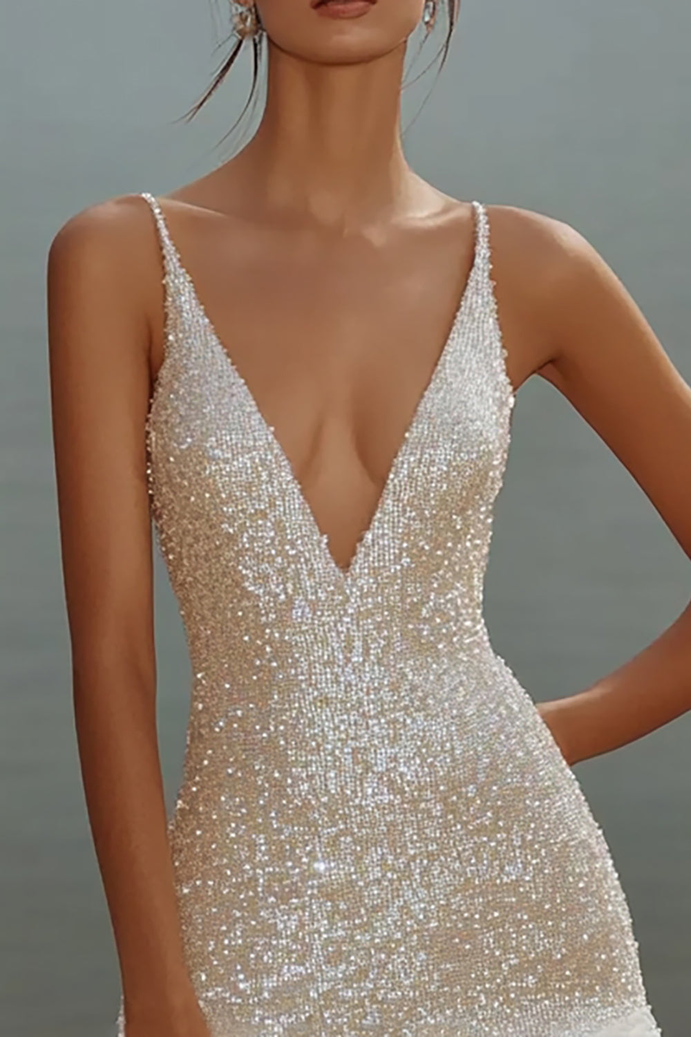 Sparkly White Bodycon V Neck Sequin Ruffled Short Graduation Dress
