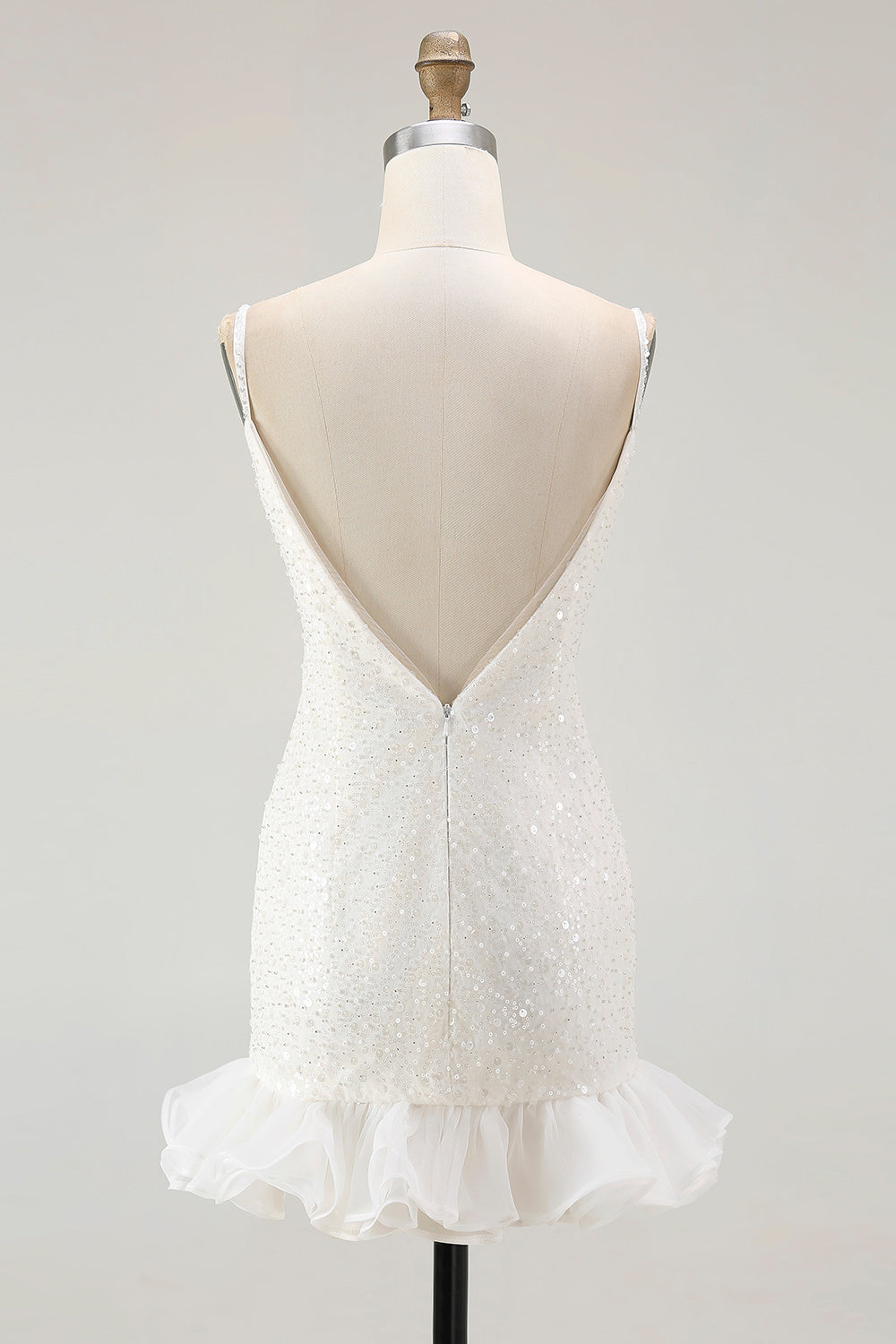 Sparkly White Bodycon V Neck Sequin Ruffled Short Graduation Dress