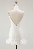 Sparkly White Bodycon V Neck Sequin Ruffled Short Graduation Dress