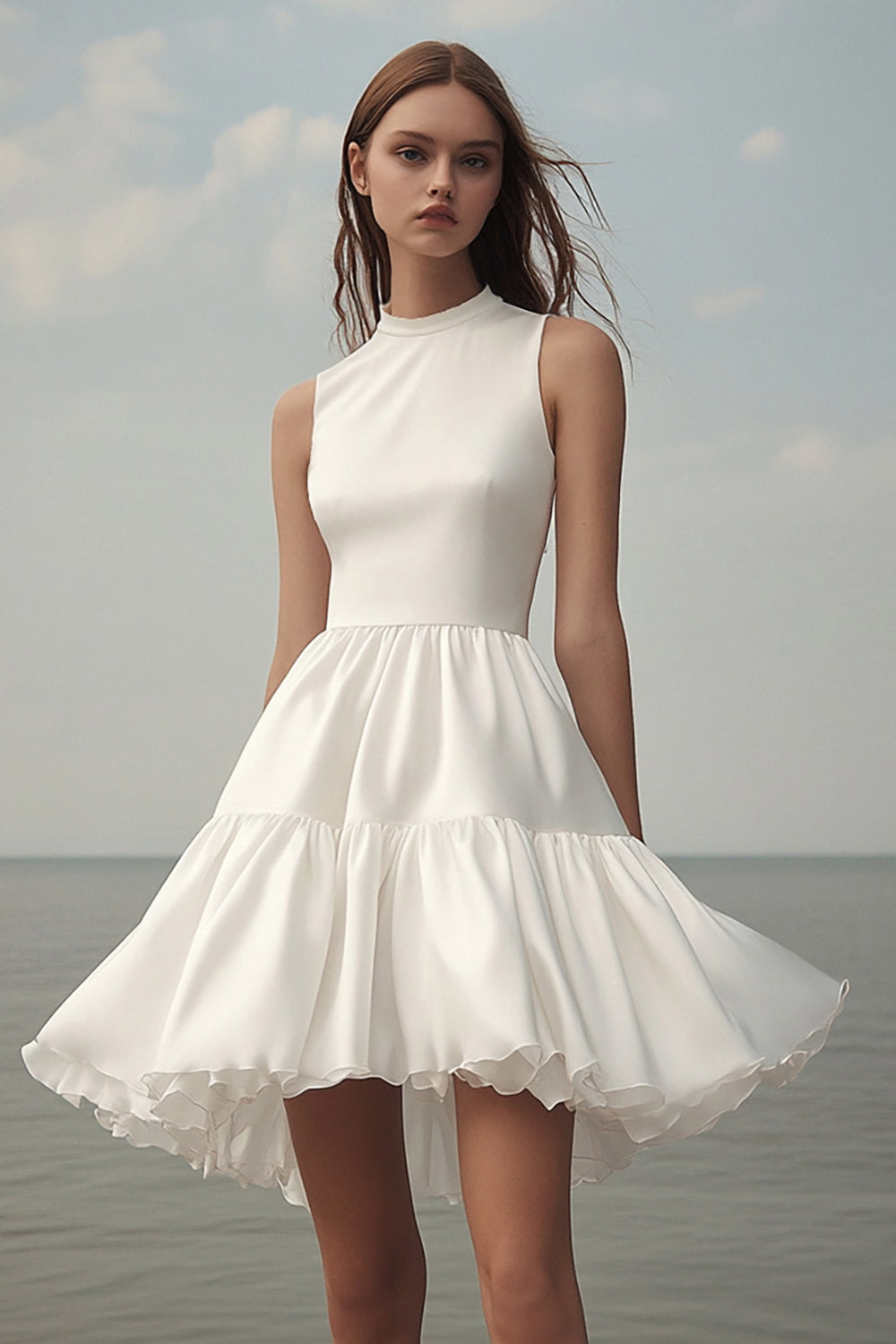 White Satin A Line High Neck Ruffled Short Graduation Dress