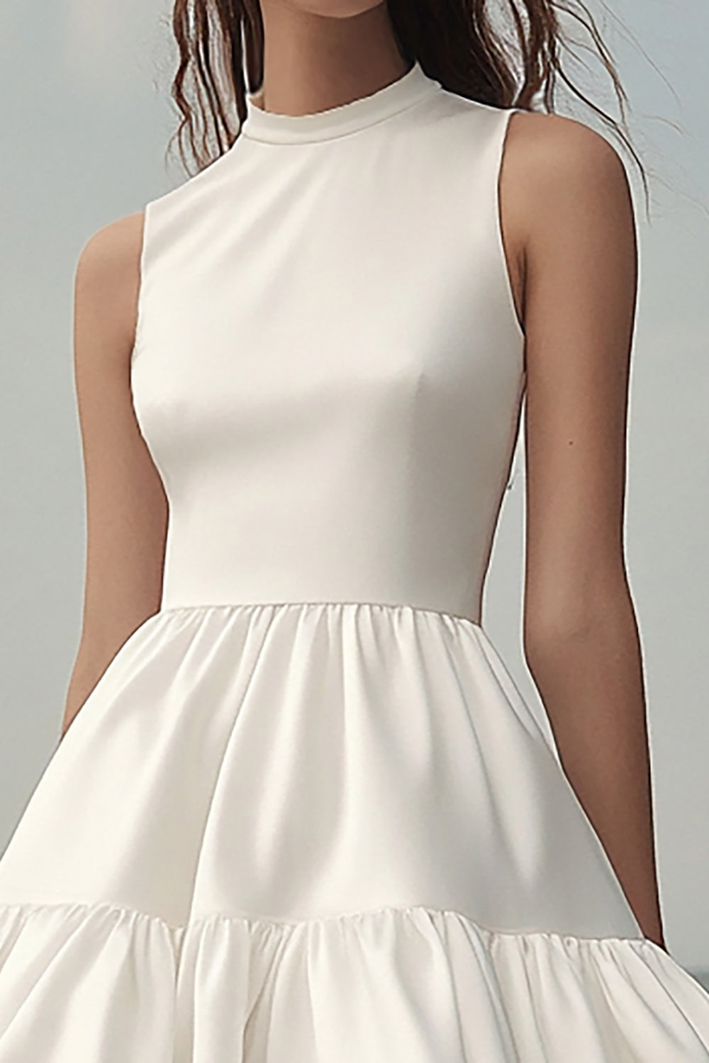White Satin A Line High Neck Ruffled Short Graduation Dress