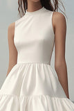White Satin A Line High Neck Ruffled Short Graduation Dress