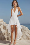White Chiffon A Line V Neck Ruffled High-Low Graduation Dress