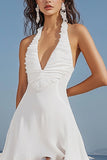 White Chiffon A Line V Neck Ruffled High-Low Graduation Dress