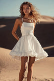 White Satin A Line Spaghetti Straps Ruffled Short Graduation Dress