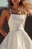 White Satin A Line Spaghetti Straps Ruffled Short Graduation Dress