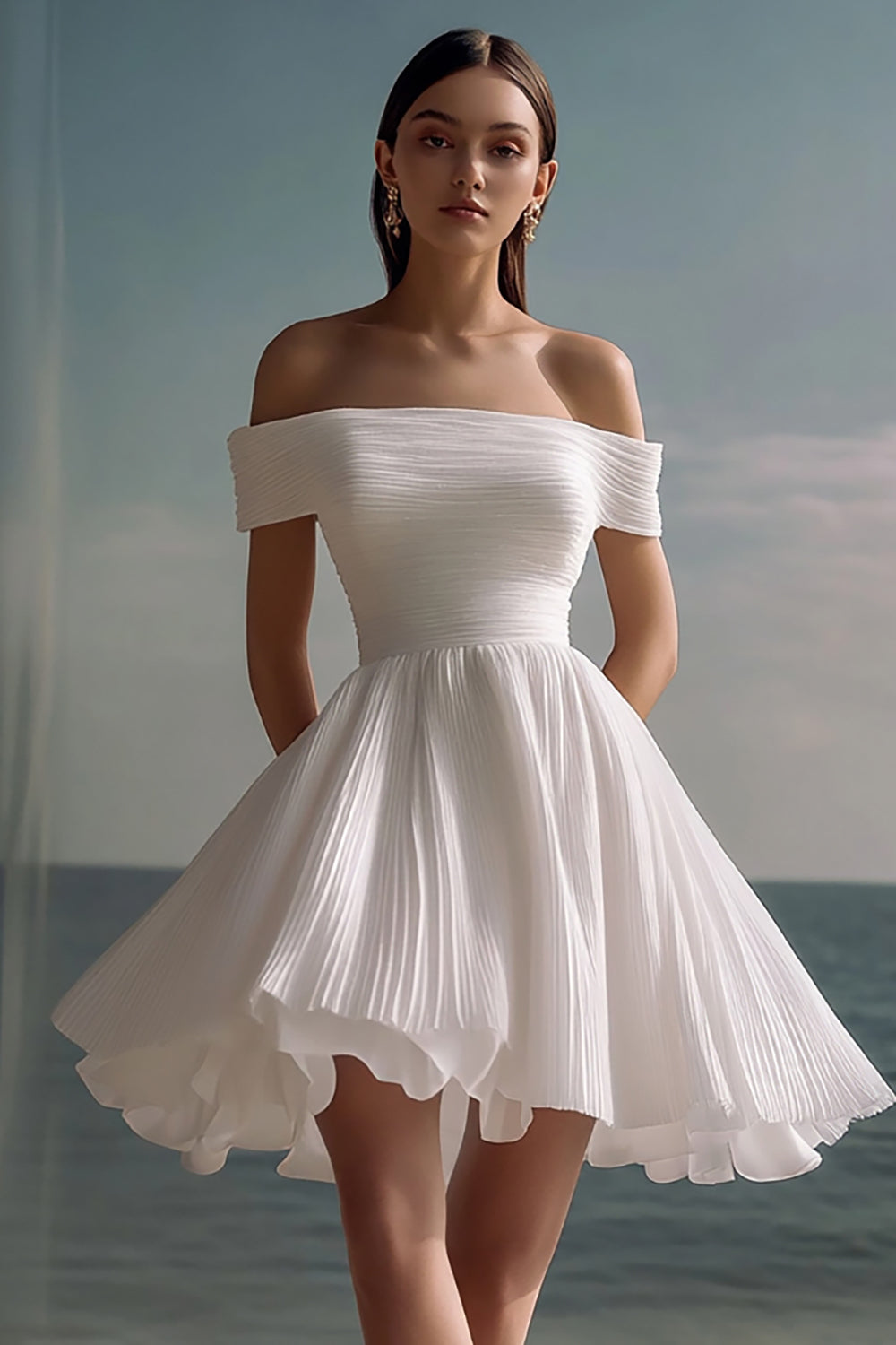 White Chiffon A-Line Of the Shoulder Short Graduation Dress