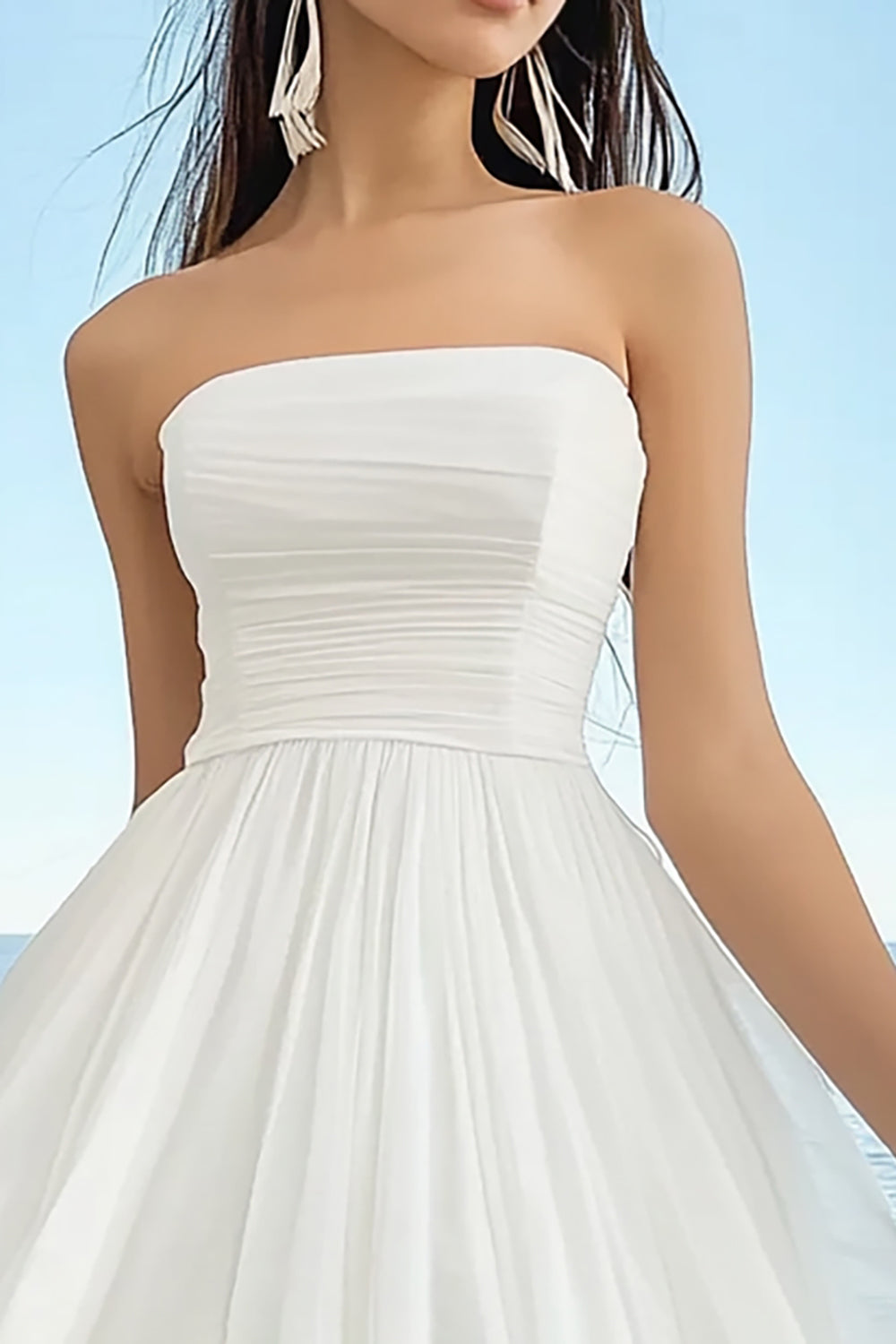 White Tulle A-Line Strapless Midi Graduation Dress