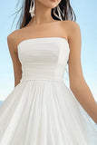 White Tulle A-Line Strapless Midi Graduation Dress