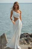 White Sheath One Shoulder Ruched Long Boho Dress