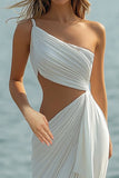 White Sheath One Shoulder Ruched Long Boho Dress