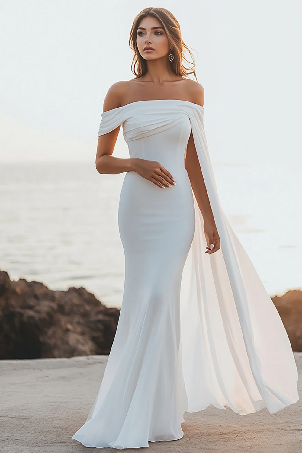 White Chiffon Mermaid Off the Shoulder Long Boho Formal Dress with Cape