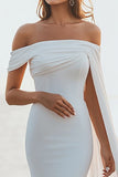 White Chiffon Mermaid Off the Shoulder Long Boho Formal Dress with Cape