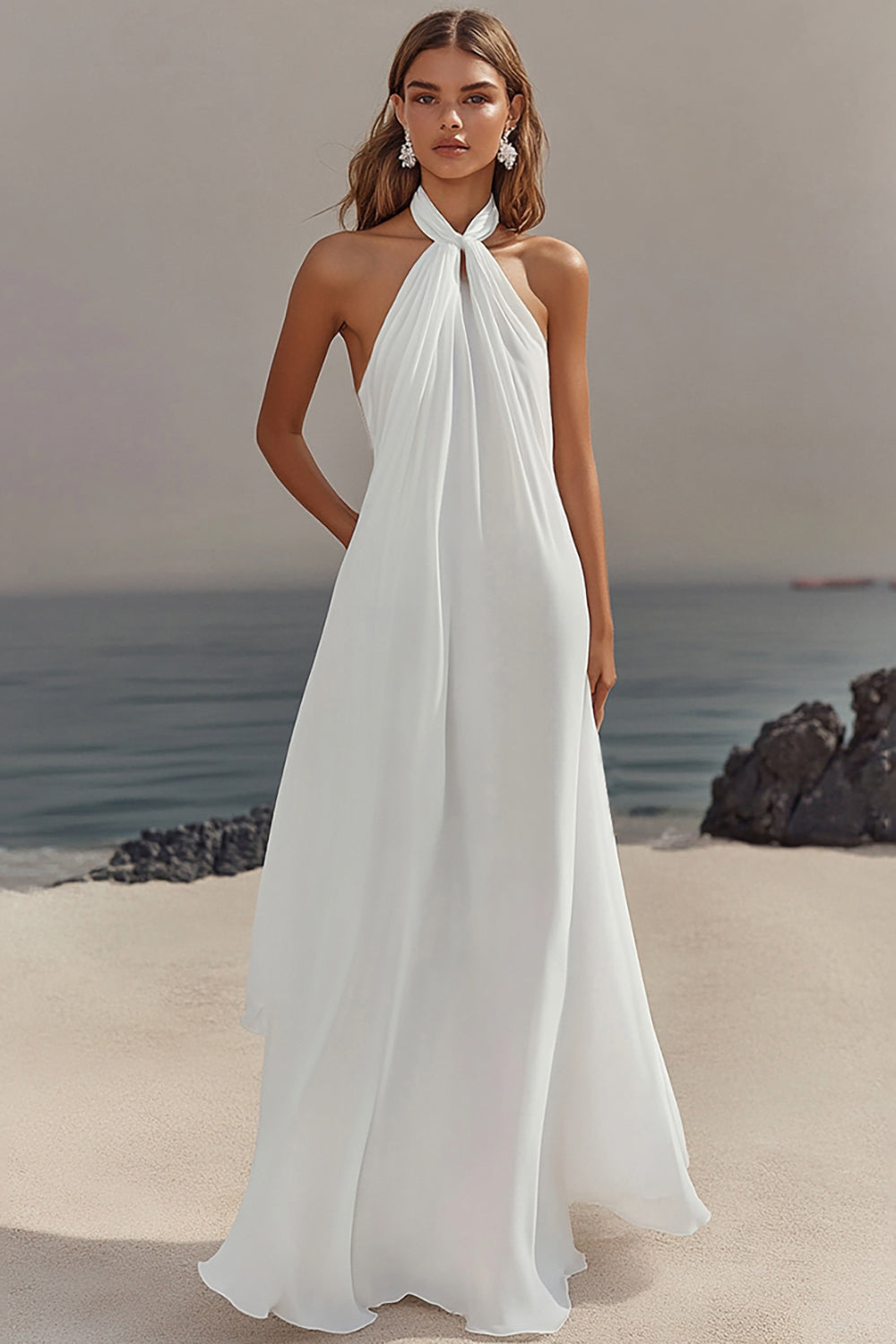 White Chiffon Halter Sheath Long Boho Formal Dress