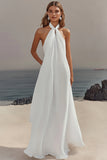 White Chiffon Halter Sheath Long Boho Formal Dress