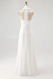 White Chiffon Halter Sheath Long Boho Formal Dress