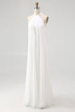 White Chiffon Halter Sheath Long Boho Formal Dress
