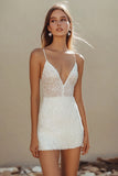 Sparkly White Sequins Bodycon Spaghetti Straps Short Graduation Dress