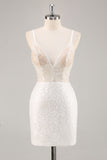Sparkly White Sequins Bodycon V Neck Mini Graduation Dress