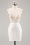 Sparkly White Sequins Bodycon Spaghetti Straps Short Graduation Dress