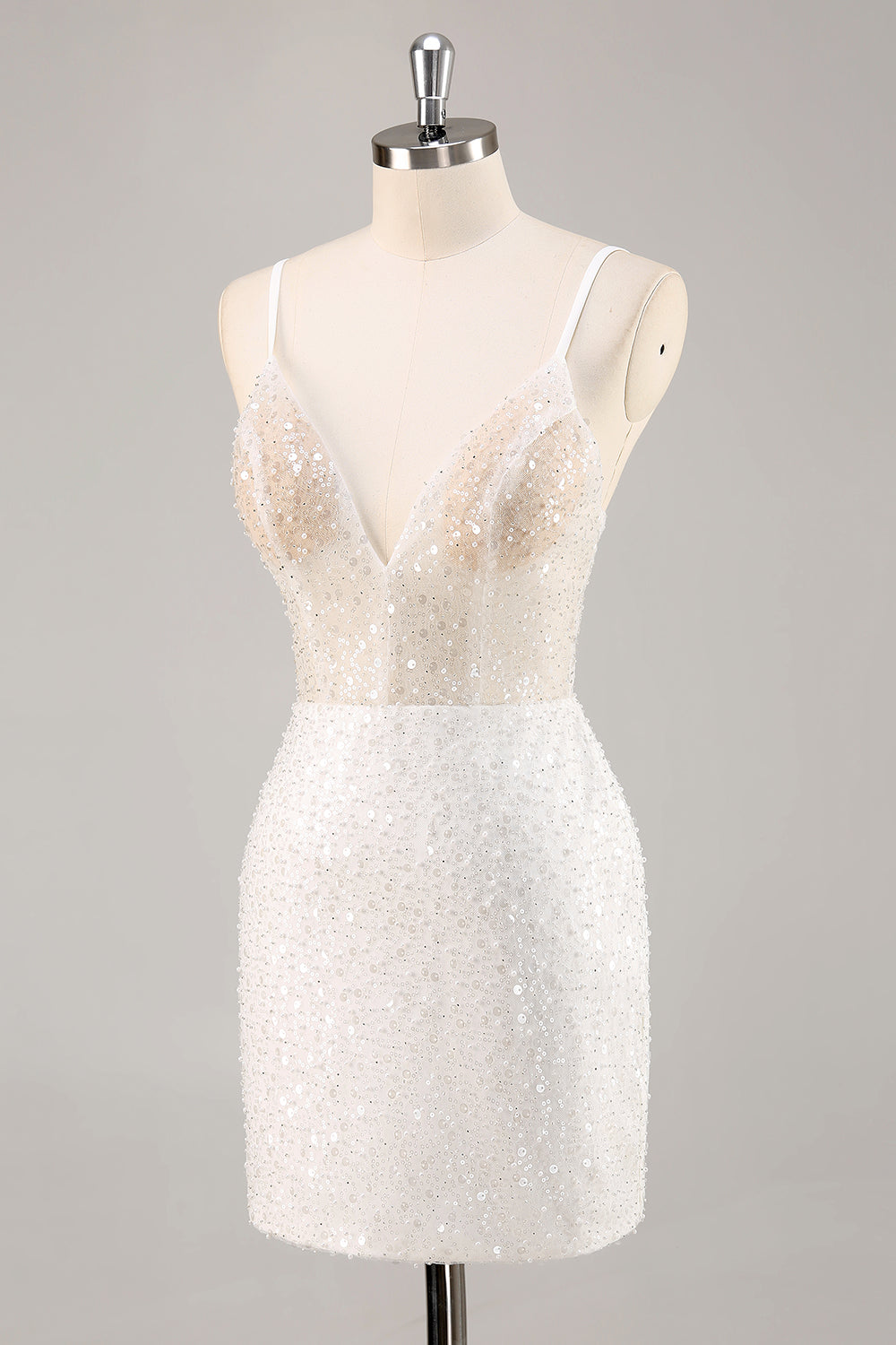 Sparkly White Sequins Bodycon V Neck Mini Graduation Dress