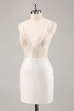 Sparkly White Sequins Bodycon Spaghetti Straps Short Graduation Dress