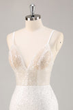Sparkly Sequins White Bodycon Spaghetti Straps Short Graduation Dress